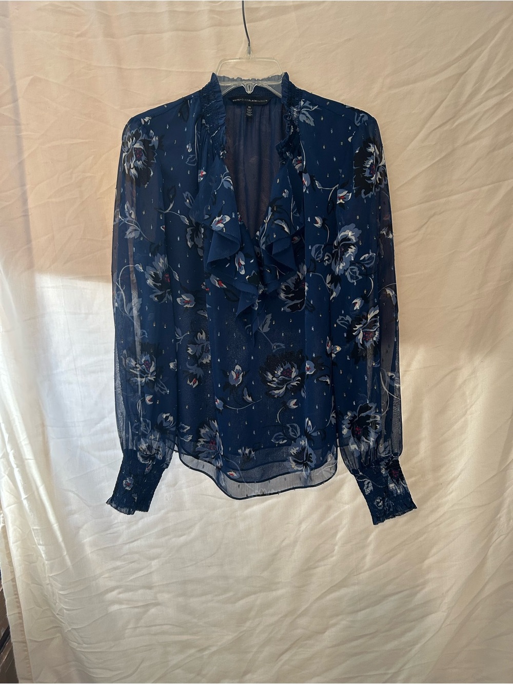 WHBM Blue Ruffle Neck Blouse with Sheer Sleeves - Picture 13 of 17